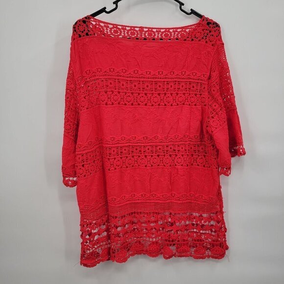 Plus Size Blouse Embroidered Crochet Crewneck Sheer 3/4 Sleeve 2XL Womens Red - Picture 7 of 12